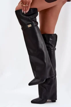 New Boto Ocieplane Kozaki Z Wywiniętą Cholewką Za Kolano Obcas Słupek Czarne Serelle Czarny