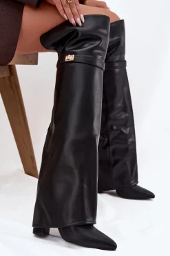 New Boto Ocieplane Kozaki Z Wywiniętą Cholewką Za Kolano Obcas Słupek Czarne Serelle Czarny