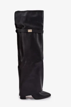 New Boto Ocieplane Kozaki Z Wywiniętą Cholewką Za Kolano Obcas Słupek Czarne Serelle Czarny