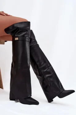 New Boto Ocieplane Kozaki Z Wywiniętą Cholewką Za Kolano Obcas Słupek Czarne Serelle Czarny