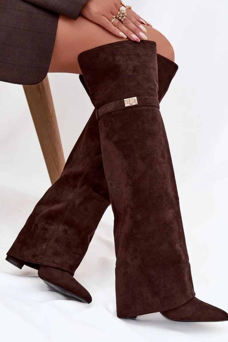 Ocieplane Kozaki Z Wywiniętą Cholewką Za Kolano Obcas Słupek Czekoladowe Serelle Damskie Kozaki Ocieplane|Muszkieterki