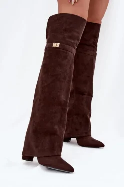 Ocieplane Kozaki Z Wywiniętą Cholewką Za Kolano Obcas Słupek Czekoladowe Serelle Damskie Kozaki Ocieplane|Muszkieterki