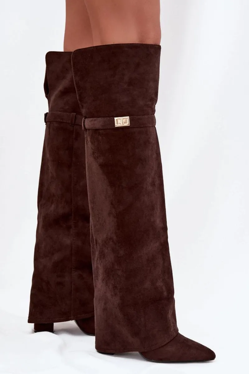 Ocieplane Kozaki Z Wywiniętą Cholewką Za Kolano Obcas Słupek Czekoladowe Serelle Damskie Kozaki Ocieplane|Muszkieterki