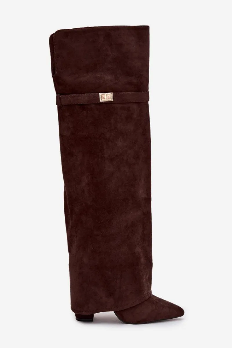 Ocieplane Kozaki Z Wywiniętą Cholewką Za Kolano Obcas Słupek Czekoladowe Serelle Damskie Kozaki Ocieplane|Muszkieterki