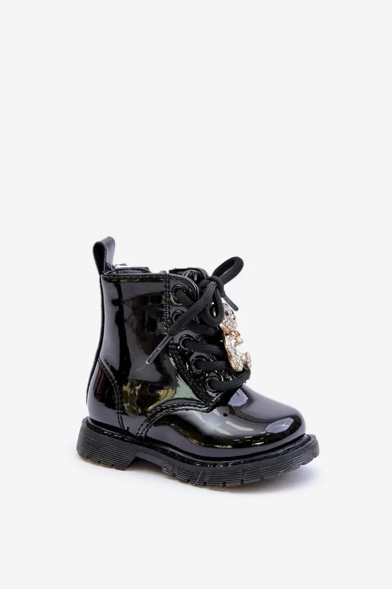 Best Ocieplane Lakierowane Botki Dziecięce Z Misiem Na Zamek Czarne Enchanta Dzieci Dziewczęce