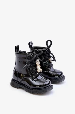 Best Ocieplane Lakierowane Botki Dziecięce Z Misiem Na Zamek Czarne Enchanta Dzieci Dziewczęce