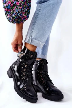 Botki Sznurowane|Botki Zimowe Damskie>Boto Ocieplane Lakierowane Botki Czarne Colira