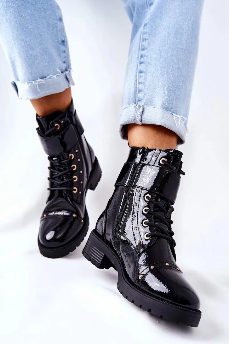 Botki Sznurowane|Botki Zimowe Damskie>Boto Ocieplane Lakierowane Botki Czarne Colira