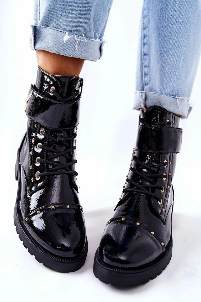 Botki Sznurowane|Botki Zimowe Damskie>Boto Ocieplane Lakierowane Botki Czarne Colira