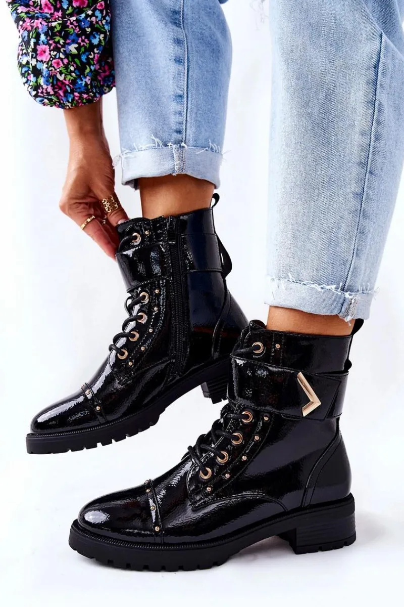 Botki Sznurowane|Botki Zimowe Damskie>Boto Ocieplane Lakierowane Botki Czarne Colira