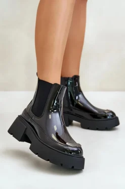Outlet Boto Ocieplane Lakierowane Botki Sztyblety Na Zamek Czarne Jesschris