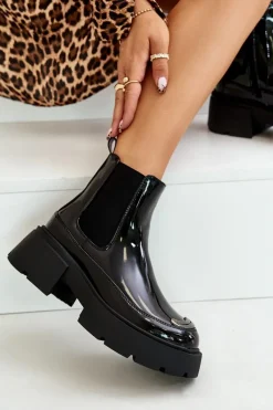 Outlet Boto Ocieplane Lakierowane Botki Sztyblety Na Zamek Czarne Jesschris
