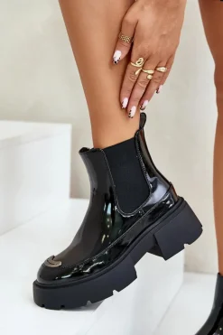 Outlet Boto Ocieplane Lakierowane Botki Sztyblety Na Zamek Czarne Jesschris