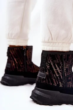 Hot Ocieplane Śniegowce Z Printem Czarne Freesia Damskie Śniegowce Damskie