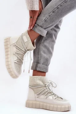 Sale GOE Ocieplane Śniegowce Zdobione Dżetami MM2N4081 Beżowe