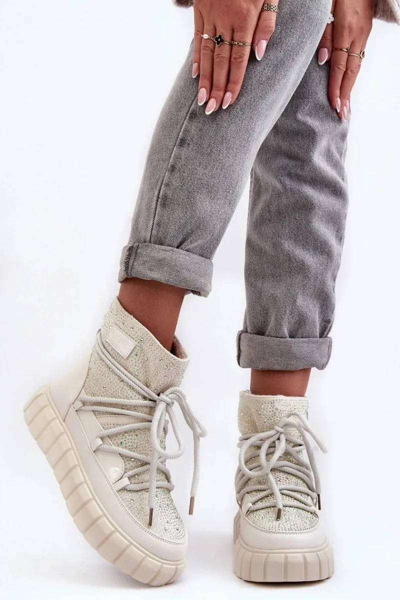 Sale GOE Ocieplane Śniegowce Zdobione Dżetami MM2N4081 Beżowe