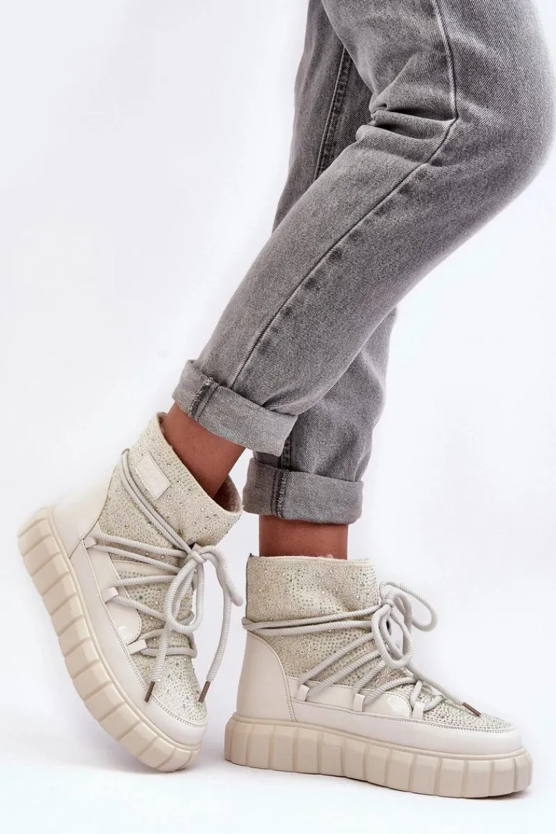 Sale GOE Ocieplane Śniegowce Zdobione Dżetami MM2N4081 Beżowe