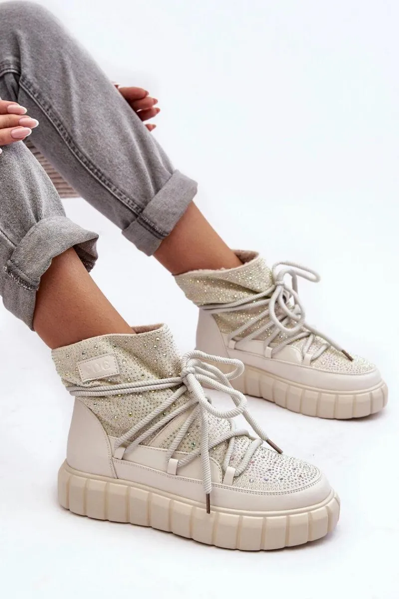 Sale GOE Ocieplane Śniegowce Zdobione Dżetami MM2N4081 Beżowe