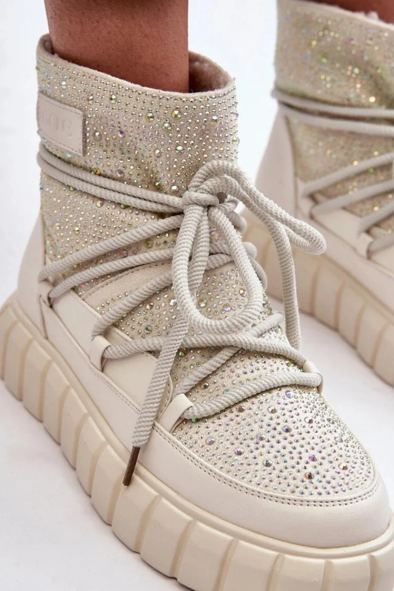 Sale GOE Ocieplane Śniegowce Zdobione Dżetami MM2N4081 Beżowe