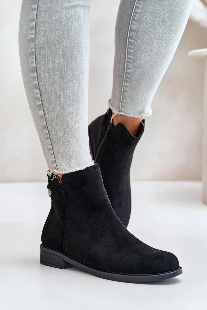 Ocieplane Niskie Botki Sztyblety Na Zamek Eko Zamszowe Czarne Telluara Damskie Czarne Botki|Botki Zimowe Damskie