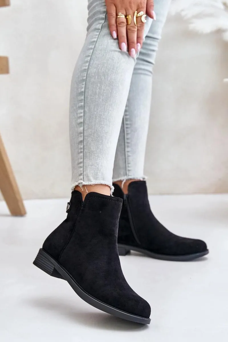 Ocieplane Niskie Botki Sztyblety Na Zamek Eko Zamszowe Czarne Telluara Damskie Czarne Botki|Botki Zimowe Damskie