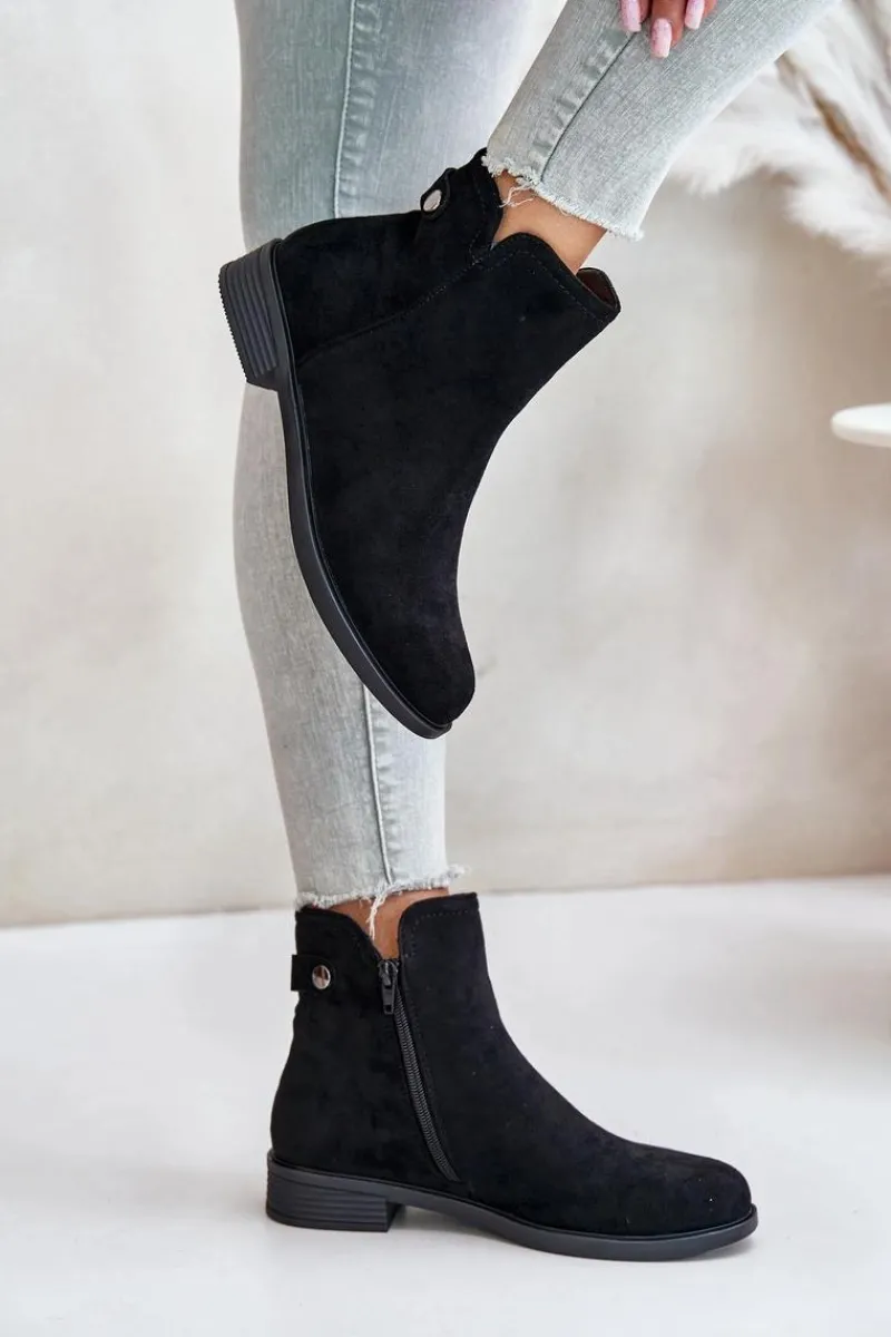 Ocieplane Niskie Botki Sztyblety Na Zamek Eko Zamszowe Czarne Telluara Damskie Czarne Botki|Botki Zimowe Damskie