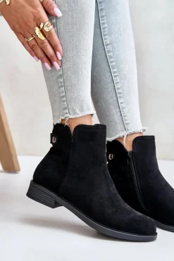 Ocieplane Niskie Botki Sztyblety Na Zamek Eko Zamszowe Czarne Telluara Damskie Czarne Botki|Botki Zimowe Damskie