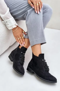 Sale Ocieplane Niskie Botki Z Ozdobą Na Zamek S.Barski HY42-715 Czarne Damskie Botki Ocieplane|Botki Płaskie