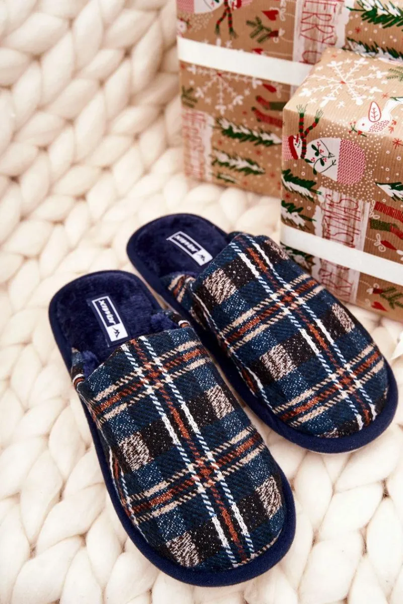 Sale Boto Ocieplane Papcie Męskie Kratka Granatowe Whisper