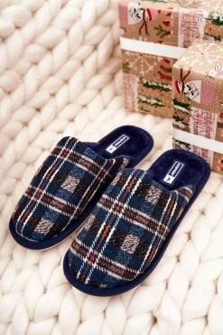 Sale Boto Ocieplane Papcie Męskie Kratka Granatowe Whisper