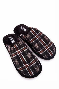 Papcie Męskie>Boto Ocieplane Papcie Męskie Kratka Czarne Whisper