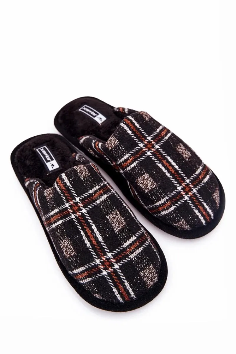 Papcie Męskie>Boto Ocieplane Papcie Męskie Kratka Czarne Whisper