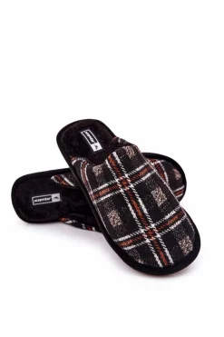 Papcie Męskie>Boto Ocieplane Papcie Męskie Kratka Czarne Whisper