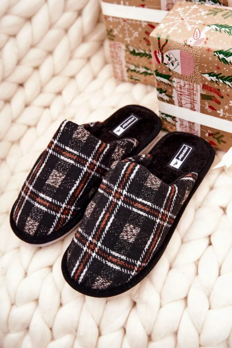 Papcie Męskie>Boto Ocieplane Papcie Męskie Kratka Czarne Whisper