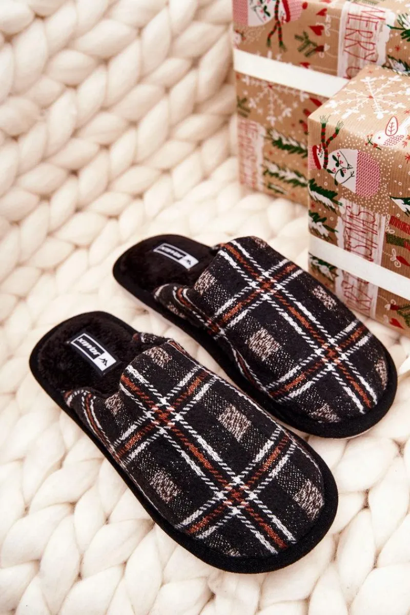 Papcie Męskie>Boto Ocieplane Papcie Męskie Kratka Czarne Whisper