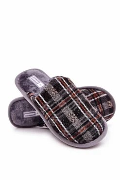 Sale Ocieplane Papcie Męskie Kratka Szare Whisper Męskie Papcie Męskie