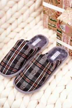 Sale Ocieplane Papcie Męskie Kratka Szare Whisper Męskie Papcie Męskie