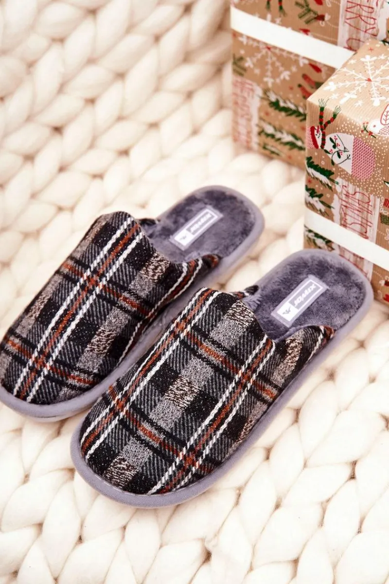 Sale Ocieplane Papcie Męskie Kratka Szare Whisper Męskie Papcie Męskie