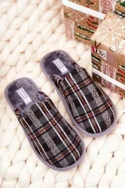 Sale Ocieplane Papcie Męskie Kratka Szare Whisper Męskie Papcie Męskie