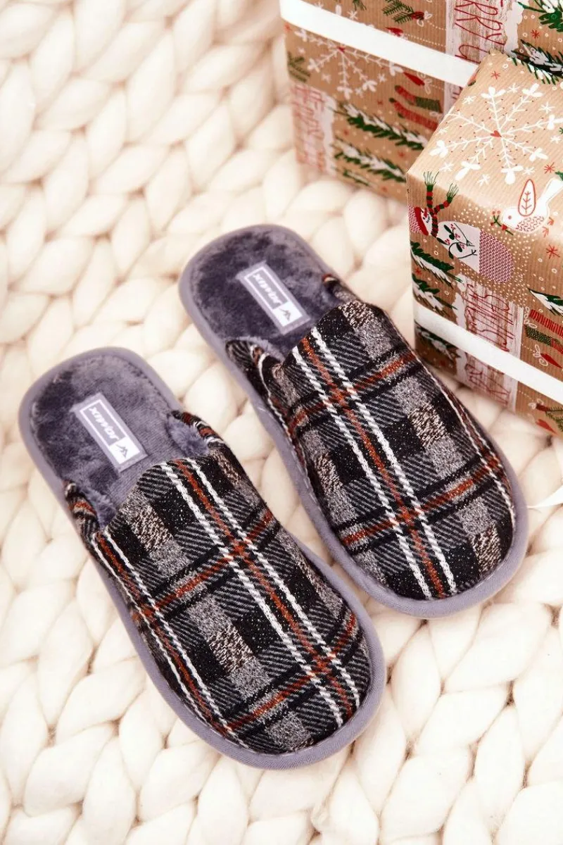 Sale Ocieplane Papcie Męskie Kratka Szare Whisper Męskie Papcie Męskie