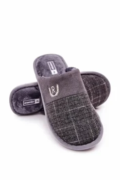 Papcie Męskie>Boto Ocieplane Papcie W Kratkę Szare Blase