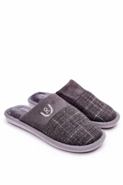 Papcie Męskie>Boto Ocieplane Papcie W Kratkę Szare Blase