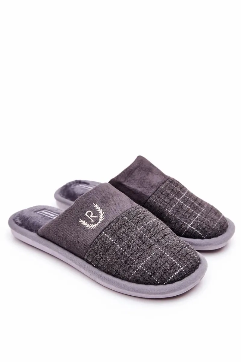 Papcie Męskie>Boto Ocieplane Papcie W Kratkę Szare Blase