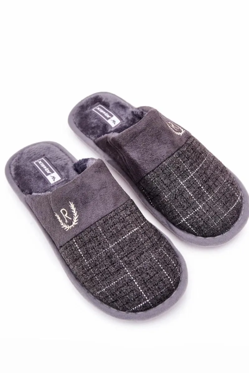 Papcie Męskie>Boto Ocieplane Papcie W Kratkę Szare Blase