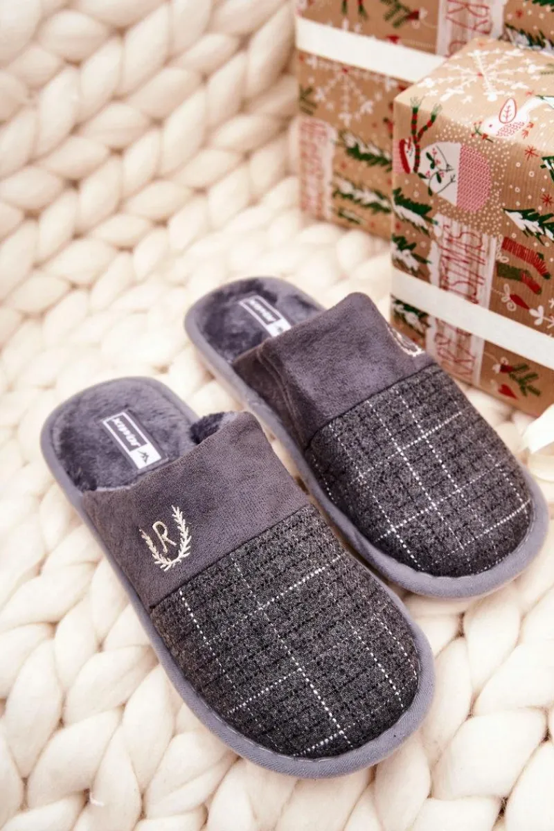 Papcie Męskie>Boto Ocieplane Papcie W Kratkę Szare Blase