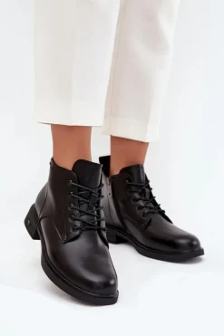 New Ocieplane Skórzane Botki Damskie Na Niskim Obcasie Vinceza 39953 Czarne Damskie Botki Ocieplane|Botki Sznurowane
