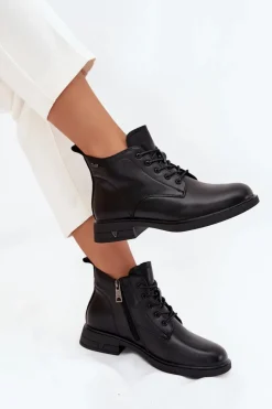 New Ocieplane Skórzane Botki Damskie Na Niskim Obcasie Vinceza 39953 Czarne Damskie Botki Ocieplane|Botki Sznurowane