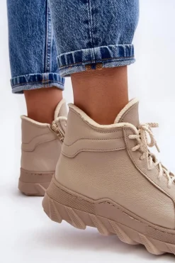 Best Ocieplane Skórzane Botki Damskie Na Platformie Beżowe Lemar Jevette Damskie Botki Ocieplane|Botki Skórzane
