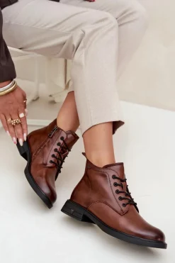 Outlet Buty damskie Vinceza Ocieplane Skórzane Botki Damskie Na Niskim Obcasie Vinceza 39953 Brązowe