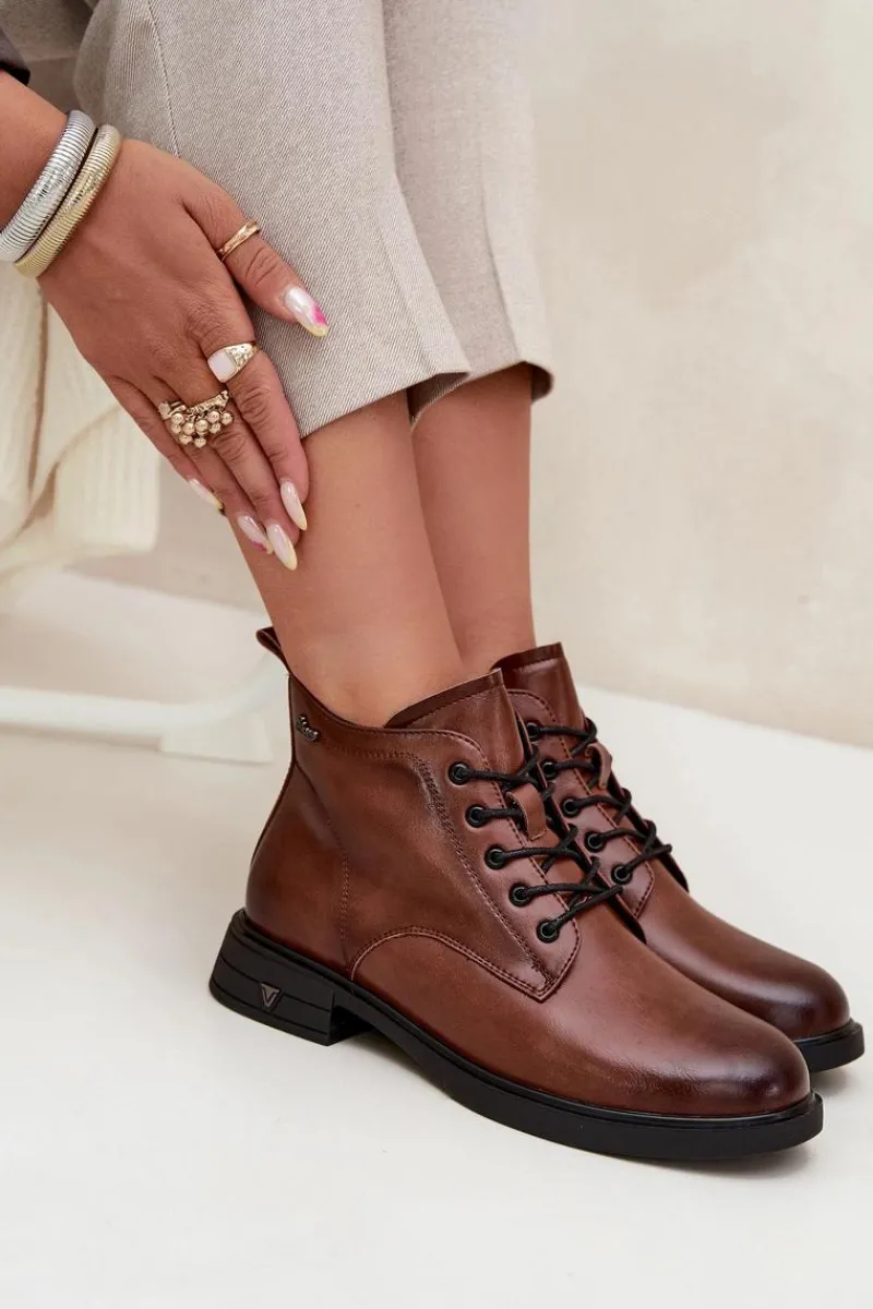 Outlet Buty damskie Vinceza Ocieplane Skórzane Botki Damskie Na Niskim Obcasie Vinceza 39953 Brązowe